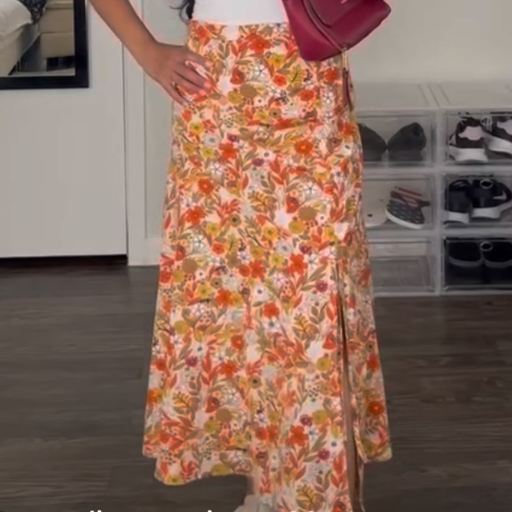 Cider Floral Midi Skirt - Orange, Yellow, White